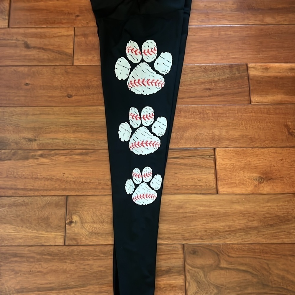 Baseball/Softball Leggings Size Medium Black with Paw prints